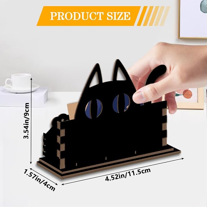 2Pcs Cute Cat Business Card Holder Desk Wooden Business Card Holders Cute Black Cat Name Postcard Organizer Display Stands for Office Desktop Home Shop Tabletop Decor 4.5" x 1.6" x 3.5"