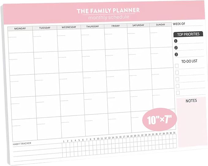Monthly Planner Notepad with 52 Monthly Blank Calendar Sheets - 7"x10" Undated Format for Flexible Planning & Goal Tracking, Undated Blank Calendar Design for Custom Monthly Scheduling, Pink