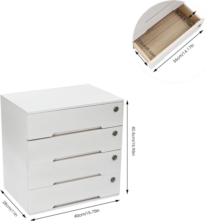 Wooden Desktop Storage Box with Lockable Drawers, Flat File Cabinet Drawer Desktop Storage Box, Countertop Storage Cabinet for Office Home Toiletries Supplies Vanity (White, 4 Drawer)
