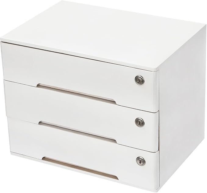 Desktop Wooden Storage Organizer, 3-Drawers Desk Storage Box With Lock, Night Stand Table Organizer, Stackable Wooden Tool Box for Home Office, No Assembly Required