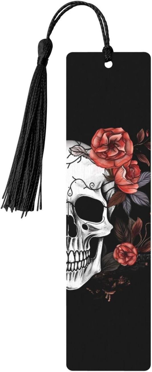 Flowers and Skull Double-Sided Printed Wooden Bookmarks, Artistic Book Accessories Birthday Presents for Men Women Presents for Book Lovers