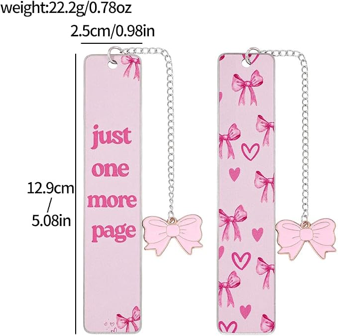 Pink Bowknot Stainless Steel Bookmark - Printed with Cute Bowknot Patterns & Equipped with Heart Pendants, Ideal for Female Readers, Perfect Birthday Gift for Girlfriends (Double-Sided D)