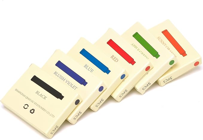 30 PCS Jinhao Fountain Pen Ink Cartridges Refill 6 Colors Set, Black, Blue, Apple Green, Purple, Red and Orange International Standard Size 2.6mm Bore Diameter