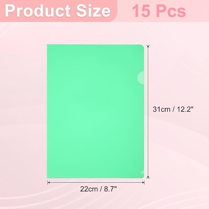 PATIKIL A4 Plastic Folders, 15 Pack Clear Folders L Type Project Pockets Paper Document Jacket Sleeves L Shaped Transparent for Documents Plastic Office File, 8.7x12.2in, Green