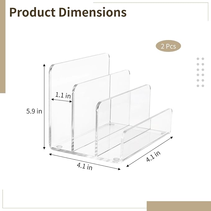2 PCS Acrylic Mail Organizer, Clear Vertical Letter Holder with 3 Compartments, Divided File Sorter Desk Organizer for Mail Envelopes Letters Documents Home Office Storage Holder