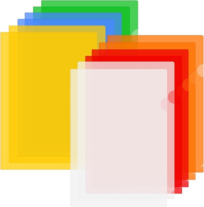 ViVin 12 Pack Plastic Clear Document Folders, L-Type Plastic 8.5x11 File Sleeves for Document Protection, Transparent Reusable A4 Project Pockets for School, Office, Home(6 Assorted Colors)