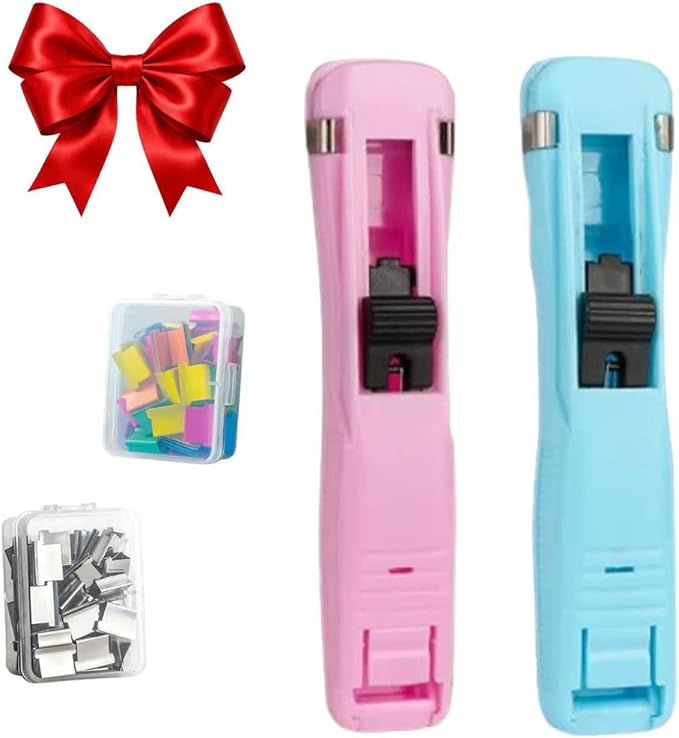 Portable Binder Clip Stapler Mini-Includes 58 Reusable Clips, Reusable Desktop Stapler with Clip Dispenser，Mini Push Stapler Clamp Staplers for Desktop Document Home School Desk (2PCS F)