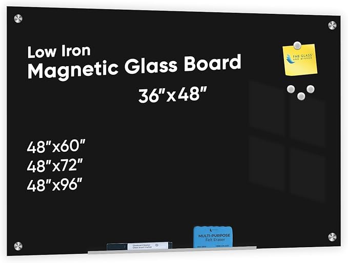 Frameless Magnetic Glass Board 36"x48", Black Surface Glass Board - Includes Magnets, Markers, Marker Tray, Eraser for Home & Office by Fab Glass and Mirror