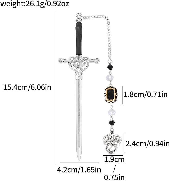 Fantasy Sword Bookmark with Dragon Pendant, Stainless Steel Gothic Medieval Book Marker with Crystal Charm Tassel, Reading Accessory Gift Box for Book Lovers and Fantasy Readers(Dragon)