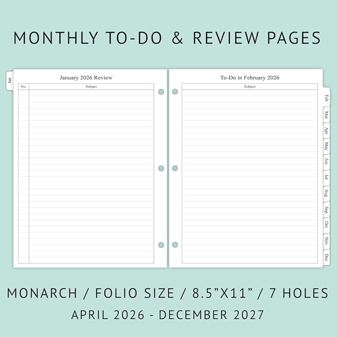 newestor 2026-2027 Monthly Planner Refill for 3 Ring Binder, Apr 2026 - Dec 2027, Two Pages Per Month, 8-1/2" x 11", Monarch/Folio Size 5