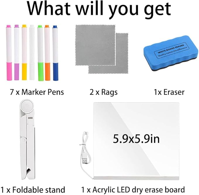 Acrylic Led Dry Erase Board - Creative Rewritable Message Center Board - Regularly Led Note Board - Light up a Glow Memo Board Note with 7 Pen - Free Eraser Easy to Clean 2026(5.9 * 5.9in)
