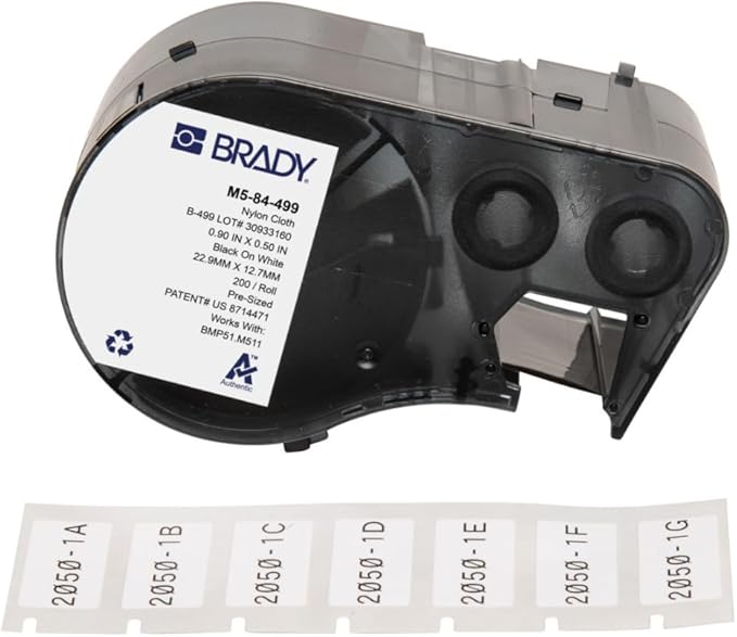 Brady Nylon Cloth Pre-Sized Labels for Label Printer BMP51/BMP53/M511-200 Self Adhesive Printer Labels - Waterproof Tape Printer Labels - Black on White (22.86mm x 12.70mm) - M5-84-499