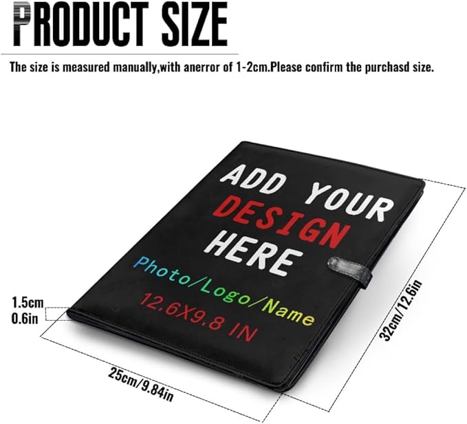 Personalized Padfolio Clipboard Folder Add Your Own Logo Text Text, Custom Leather Portfolio for Men Women with A4 Size Clip Board, Black