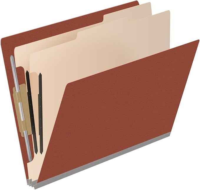 25 Pt. Pressboard Classification Folders, Full Cut End Tab, Letter Size, 2 Dividers, Brick Red (Box of 10)