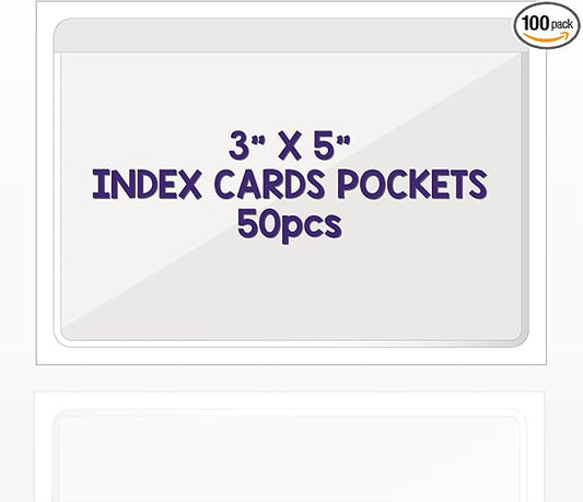 Clear Adhesive 3" x 5" Index Card Pockets With Top Open Loading, 50 Pack, Plastic Labels Holders for Storage Bins and Library, Ideal for Organizing and Protecting Your Cards