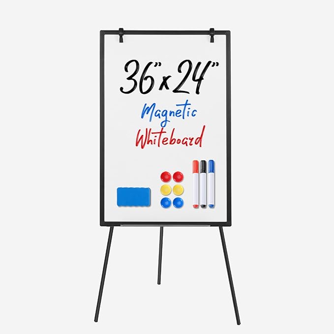 OLIXIS 24" x 36" Magnetic White Board, Standing Dry Erase Board, Whiteboard with 1 Dry Eraser & 2 Multicolor Markers & 4 Magnetic Pins, Aluminium Frame for Home, School, Office, Black