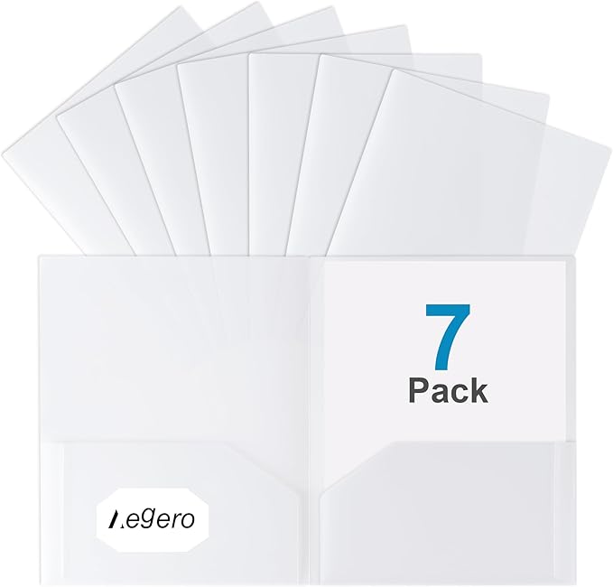 Aegero Plastic Folders with Pockets (7 Pack, Clear), Durable Heavy Duty File Folders with Business Card Slot, 2-Pocket Folder for Schoolwork & Office,Letter Size