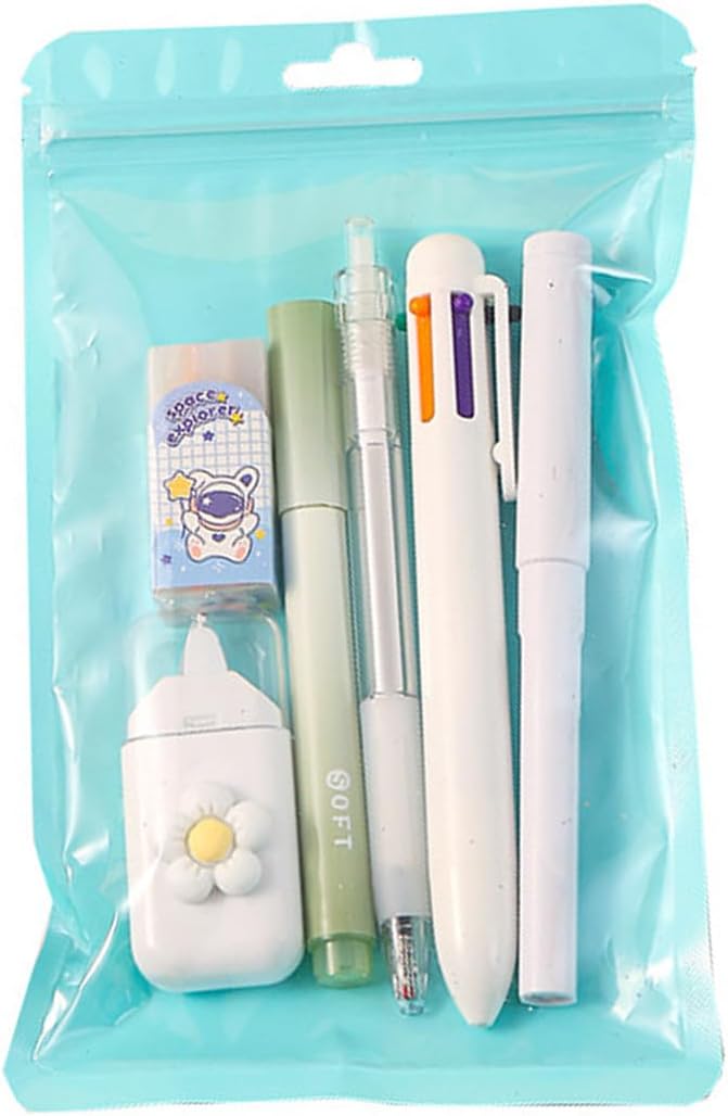 6Pcs Stationeries Set with Retractable Gel Pen Multicolored Pen Eraser Pencil Marker White Out Correction Tape Supplies
