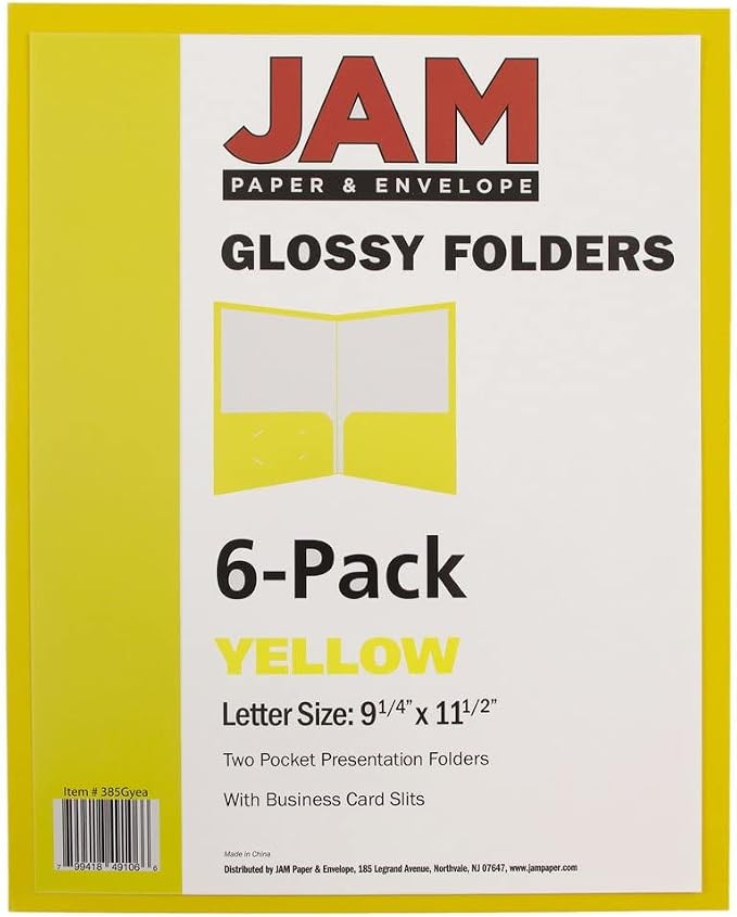 JAM PAPER Laminated Two Pocket Glossy School Folders - Letter Size - High Gloss Yellow - 6/Pack