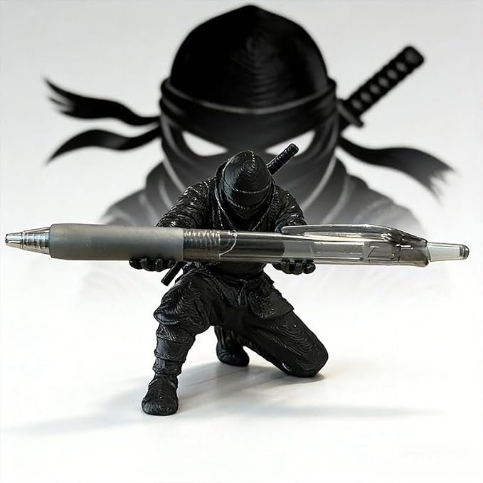 Ninja Warrior Pen Holder, Desktop Organizer Figurine, Black Samurai Desk Accessory with Sword
