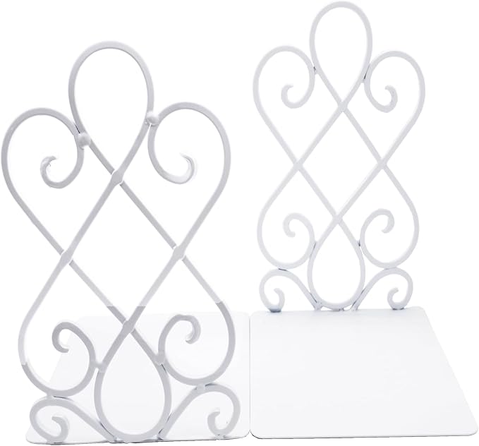 White Metal Bookends, Heavy Duty Book Stoppers for Shelves, Vintage Decorative Book Holders for Home Office Desk, Non-Slip Book Ends for Library Classroom, Set of 2 with Pads