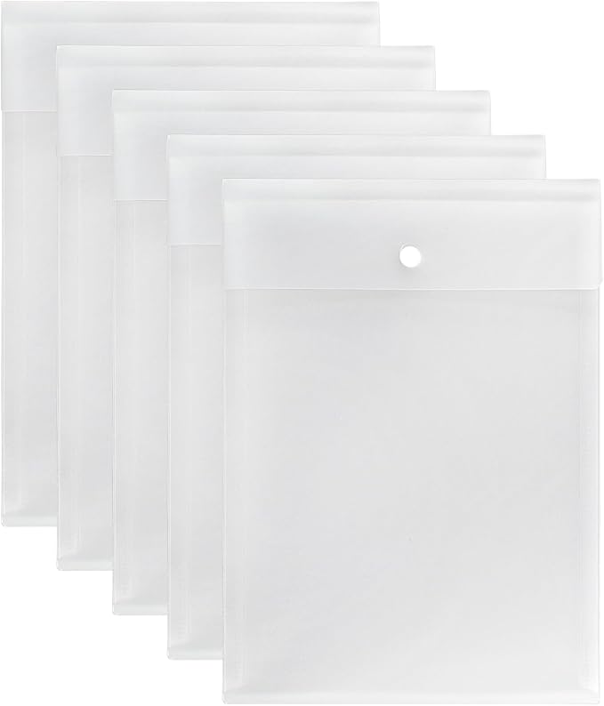 VANRA Vertical File Folders Poly Filing Envelope Plastic Project Folder with Snap Button Closure for A4 Letter Size Paper (Pack of 5, Translucent)