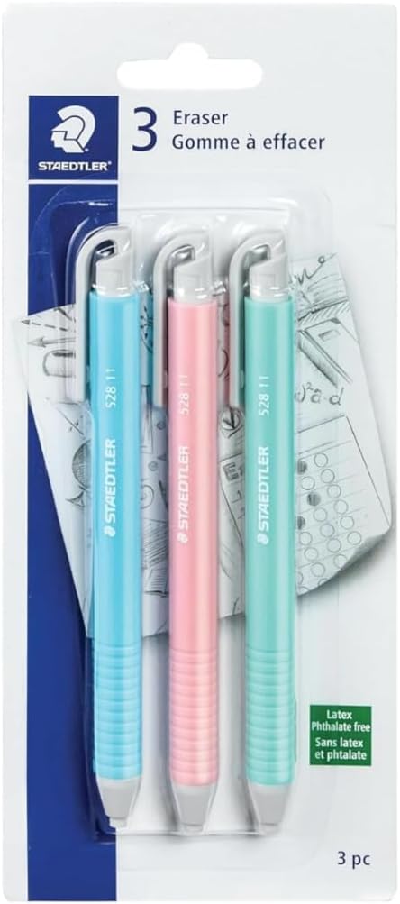 STAEDTLER Vinyl Eraser Holder 12-Pack (12 Sets of 3 pcs): 3 Units Retractable Erasers for Pencils, Soft Vinyl, Latex-Free, Clean Edges, No Smudges, Pastel Colors, 36 Count