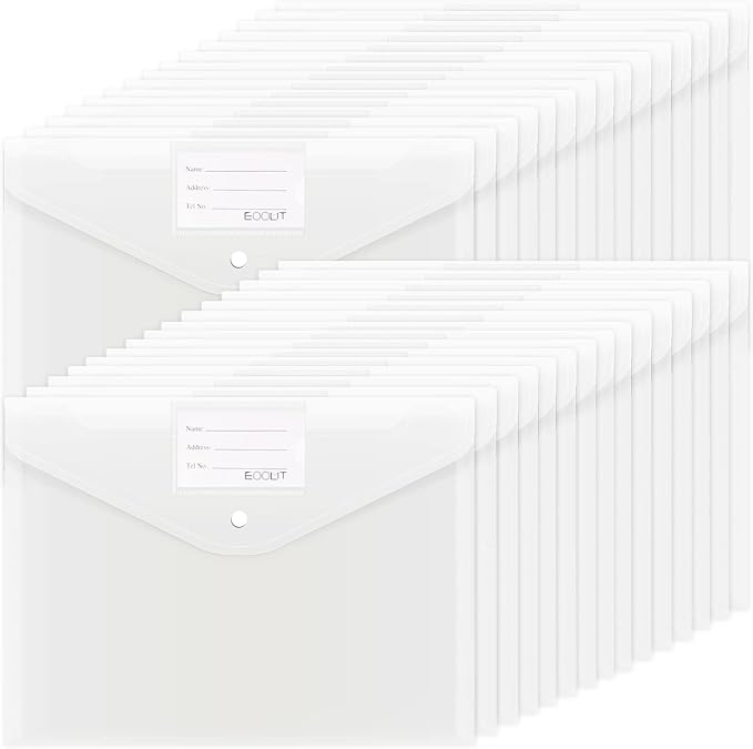 EOOUT 30pcs Plastic Envelopes, Clear Envelopes with Snap Closure, Document Folders Letter Size A4 Size File Envelopes with Label Pocket for School Home Work Office Organization