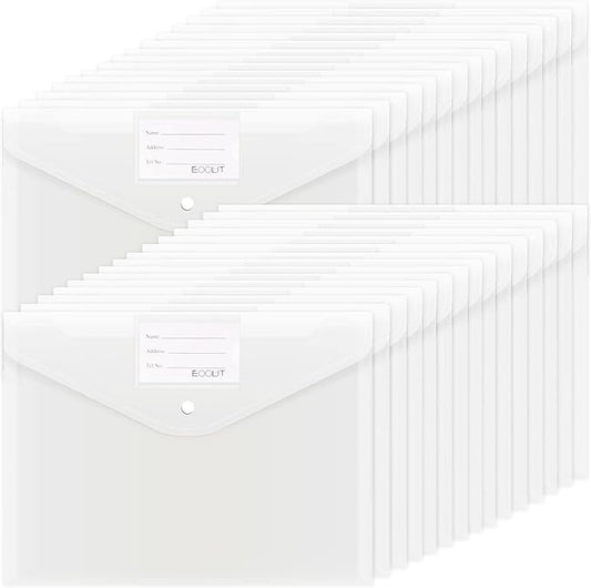 EOOUT 30pcs Plastic Envelopes, Clear Envelopes with Snap Closure, Document Folders Letter Size A4 Size File Envelopes with Label Pocket for School Home Work Office Organization