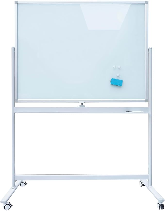 Mobile Glass White Board - Rolling Magnetic Dry Erase Board 48”x36”, Dry-Erase Glass Whiteboard on Wheels, Large Glass Board with Stand for Office, Classroom and Home