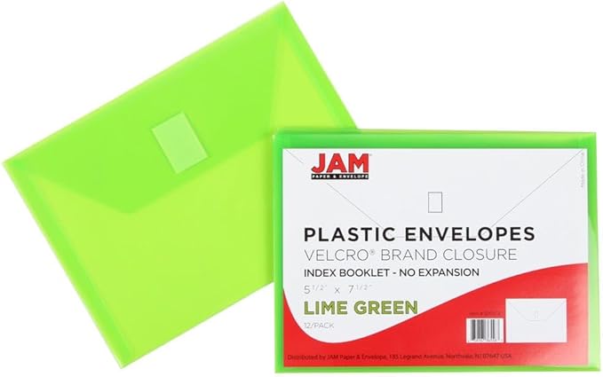 JAM PAPER Plastic Envelopes with Hook & Loop Closure - Index - 5 1/2 x 7 1/2 - Lime Green - 3/Pack