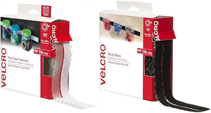 VELCRO Brand Thin Clear Tape | 15 Ft x ¾” | Cut Strips to Length & – 30 ft Sticky Back Hook and Loop Fasteners – Peel and Stick Permanent Adhesive Tape Keeps Classrooms, Home, and Offices Organized