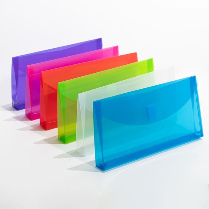 JAM PAPER Plastic Expansion Envelopes with Hook & Loop Closure - #10 Booklet Wallet - 5 1/4 x 10 with 1 Inch Expansion - Assorted Colors - 6/Pack