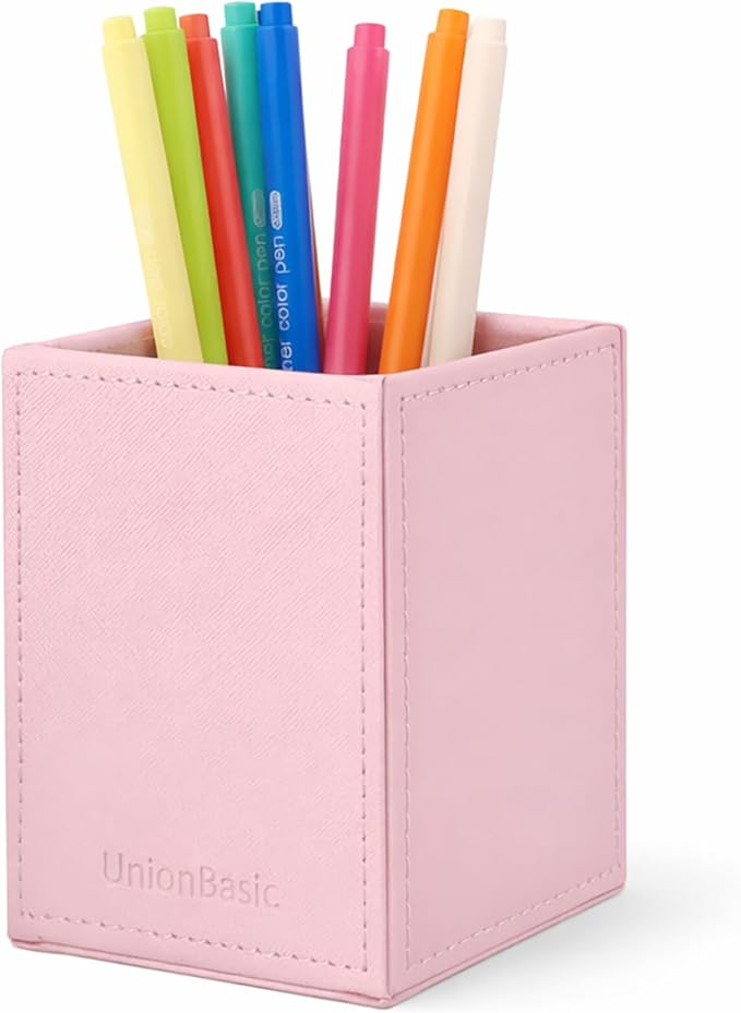 UnionBasic Square Pen Holder, Leather Pencil Cup, Desktop Caddy Stationery Organizer, Taiga Pattern Leather, Pink