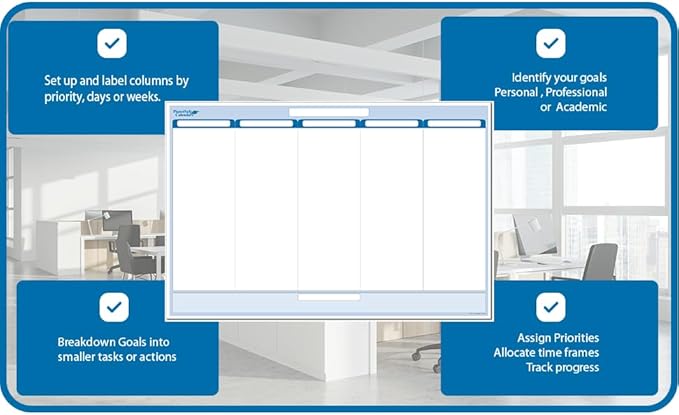 Sky Blue 5-Column Dry-Erasable Task, Goals & Objectives Wall Organizer Planner 36" tall x 56" wide - Horizontal. Complete with Marker and Eraser