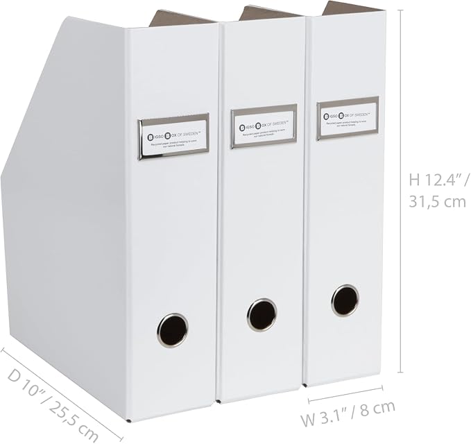 Bigso Fiona 3 Piece Fiberboard Upright Magazine Storage Boxes for Papers with Metal Label Holder - Durable Magazine File Holder for Office Desks - 3.3in x 10in x 12.4in - 3 Piece - White