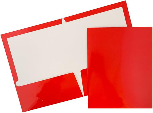 JAM PAPER Laminated Two Pocket Glossy School Folders - Letter Size - High Gloss Red - Bulk 100/Box