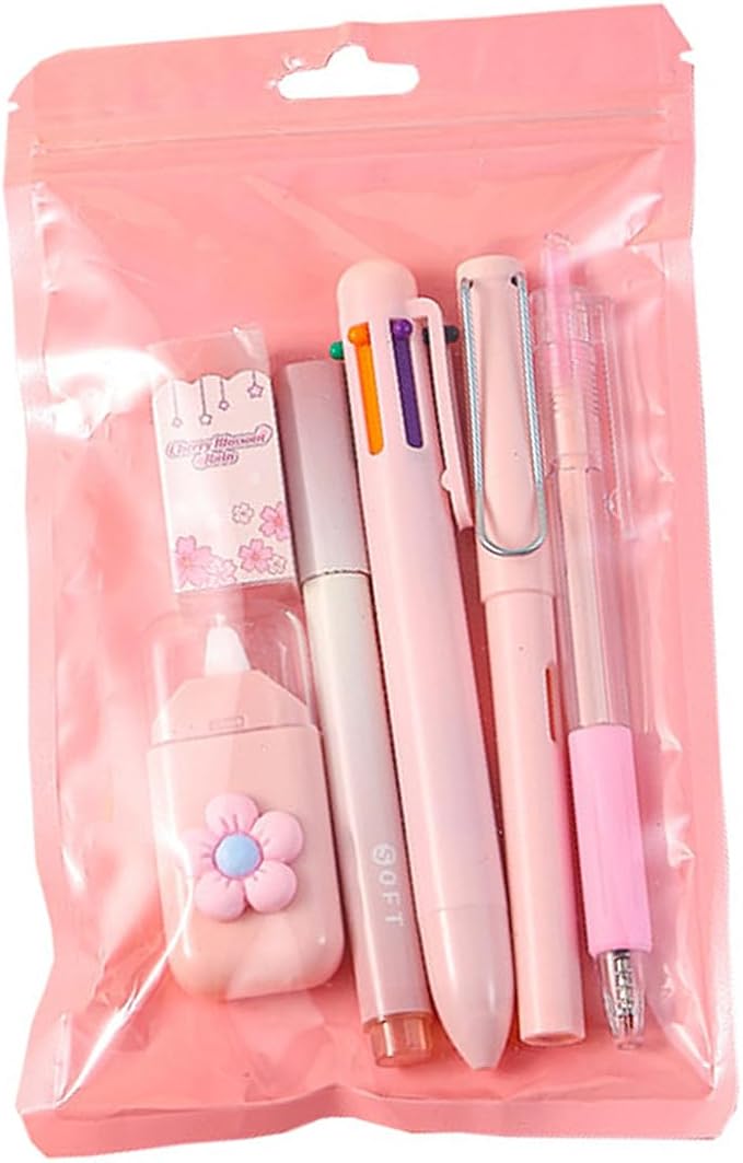 6Pcs Stationeries Set with Retractable Gel Pen Multicolored Pen Eraser Pencil Marker White Out Correction Tape Supplies