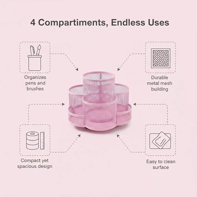 Grid Desktop Storage Box, 7-Compartment Individual Storage Boxes, Rotatable, Metal Material, 6.89 inches wide, 3.94 inches high (Pink)