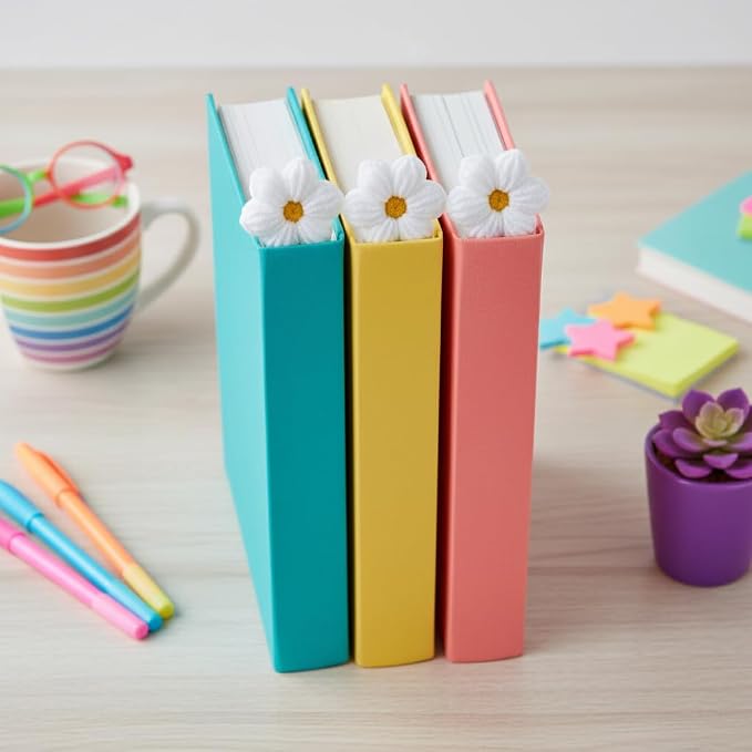 Daisy Crochet Bookmarks for Women, 6 Pack Flower Book Marks | Cute Reading Accessories, Book Lovers Gifts, Page Markers, Tote Bag Decor, Napkin Rings, Curtain Ties, Bouquet Ties