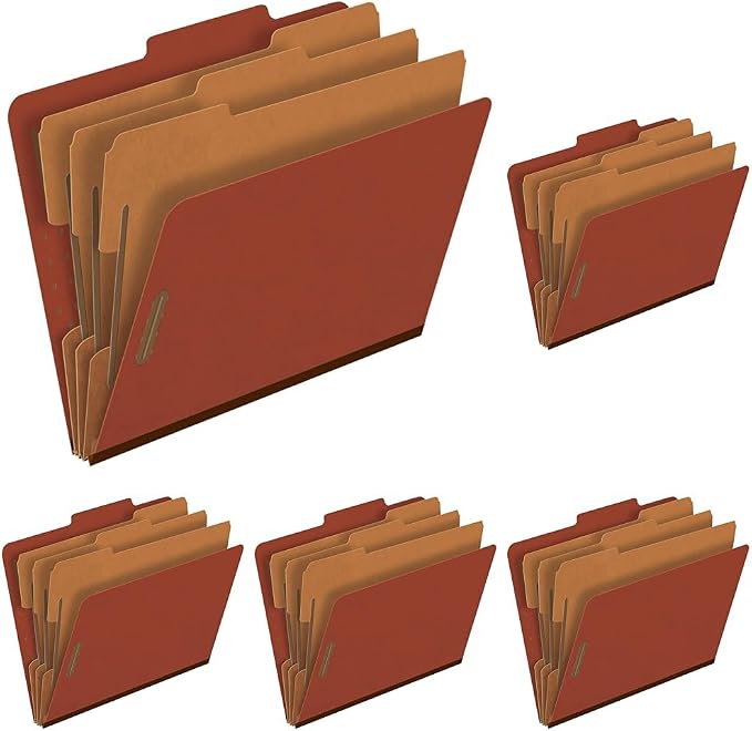 Pendaflex Pressboard Classification File Folders, 3 Dividers, 2" Embedded Fasteners, 2/5 Tab Cut, Letter Size, Red, Box of 10 (1357R) (Pack of 5)