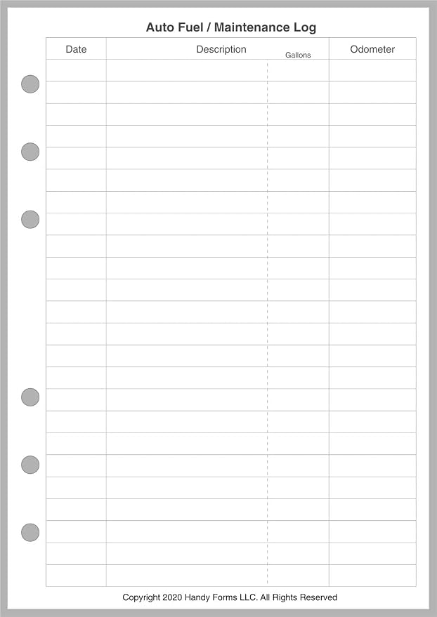 Personal-Wide Sized Auto Fuel and Maintenance Log, Sized and Punched for Personal-Wide Notebooks (4.75" x 6.75")