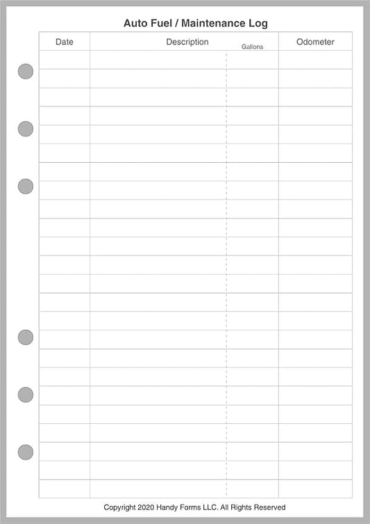 Personal-Wide Sized Auto Fuel and Maintenance Log, Sized and Punched for Personal-Wide Notebooks (4.75" x 6.75")