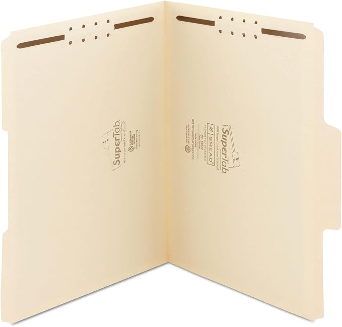 Smead SuperTab® Heavyweight Fastener File Folder, 2 Fasteners, Oversized Reinforced 1/3-Cut Tab, Guide Height, Letter Size, Manila, 50 per Box (14545)