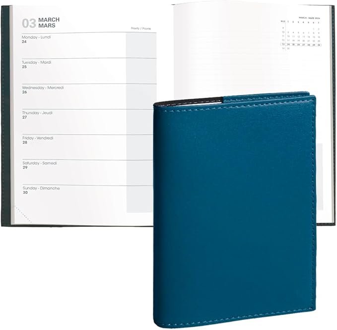 Quo Vadis 2026 Note - Bi-Lingual (EN/FR) - Weekly/Monthly Planner - 16 Months, Sept. 2024 to Dec. 2026 - 6" x 8 1/4" - Smooth Faux Leather Soho Steel Blue Cover - A Modern Design for Journaling and Detailed Planning