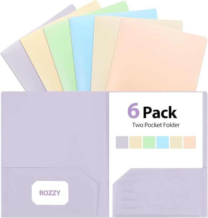 Plastic Folders with Pockets, 2 Pocket Folders for Letter Size 8.5 x 11 Paper, 6 Rainbow Colors, Colored School Folders with Business Card Slot, Back to School Supplies for Students, Office
