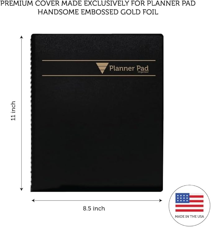 Planner Pad Spiral Bound July 2026 – June 2027 / Academic Year 8 1/2" x 11" 3-Tier Funnel Down 12 Month Large Size Organizer, Black Cover/Black Ink