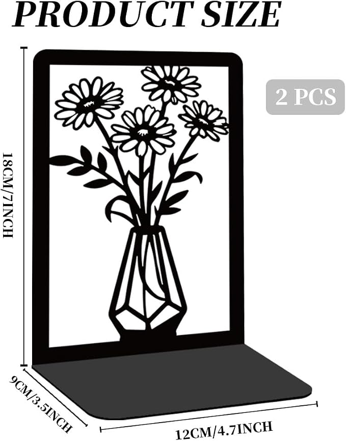 BEUNITONE Daisy Book Shelf Decorative Bookends for Shelves, Non-Slip Book Ends for Heavy Books, Flower Shelf Metal Bookends for Desk Organizer, Office Library Decor Decorative Books for Home Decor