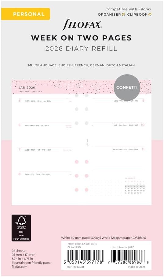 Filofax Calendar Diary Refill, Personal/Compact Size, Week-to-View, Confetti Minimal Diary Pack, Multilingual: Five Languages, 2026 (C68491-26)