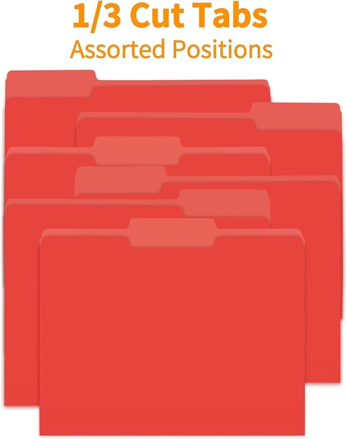 VZCPYTPM Red File Folders,Letter Size (8.5x11 in),1/3-Cut Tabs in Assorted Positions,150 Pack Cardstock Paper Folders for Office,School & Home Filing Cabinet Organization, Bulk Document Folders